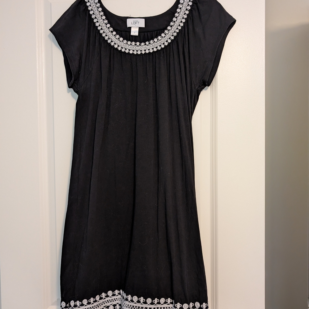 LOFT Black Dress with White Embroidery
